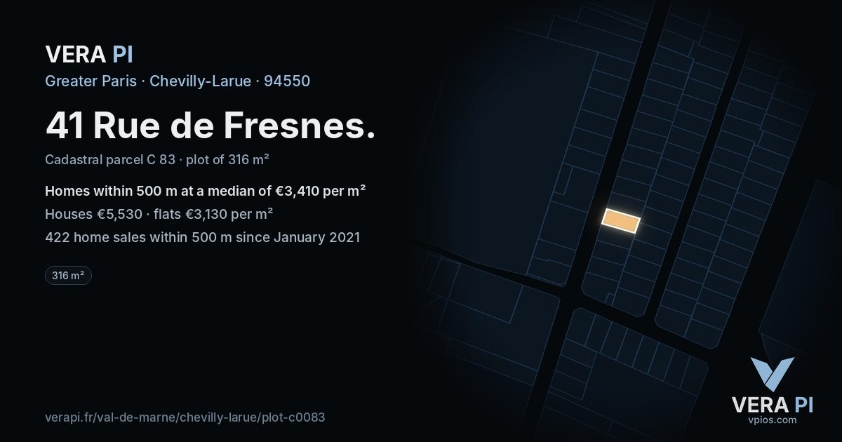 41 Rue de Fresnes, Chevilly-Larue at night – the plot lit, the parcels around coloured by the prices near them
