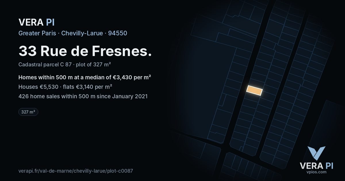 33 Rue de Fresnes, Chevilly-Larue at night – the plot lit, the parcels around coloured by the prices near them