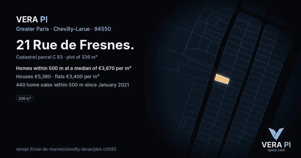 21 Rue de Fresnes, Chevilly-Larue at night – the plot lit, the parcels around coloured by the prices near them