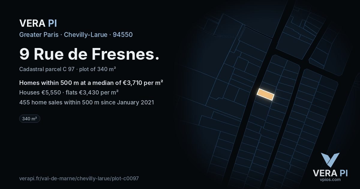 9 Rue de Fresnes, Chevilly-Larue at night – the plot lit, the parcels around coloured by the prices near them