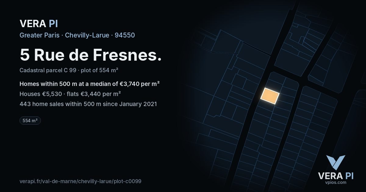 5 Rue de Fresnes, Chevilly-Larue at night – the plot lit, the parcels around coloured by the prices near them