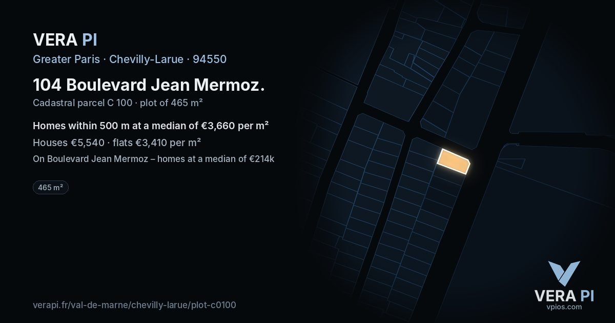 104 Boulevard Jean Mermoz, Chevilly-Larue at night – the plot lit, the parcels around coloured by the prices near them