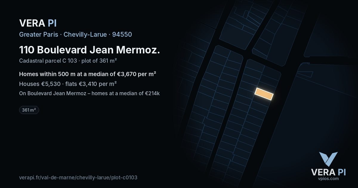 110 Boulevard Jean Mermoz, Chevilly-Larue at night – the plot lit, the parcels around coloured by the prices near them