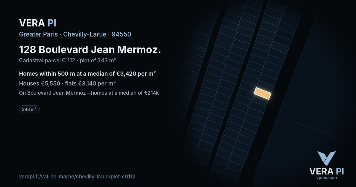 128 Boulevard Jean Mermoz, Chevilly-Larue at night – the plot lit, the parcels around coloured by the prices near them