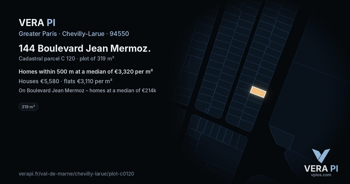 144 Boulevard Jean Mermoz, Chevilly-Larue at night – the plot lit, the parcels around coloured by the prices near them
