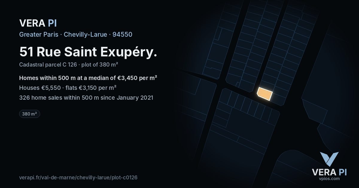 51 Rue Saint Exupéry, Chevilly-Larue at night – the plot lit, the parcels around coloured by the prices near them