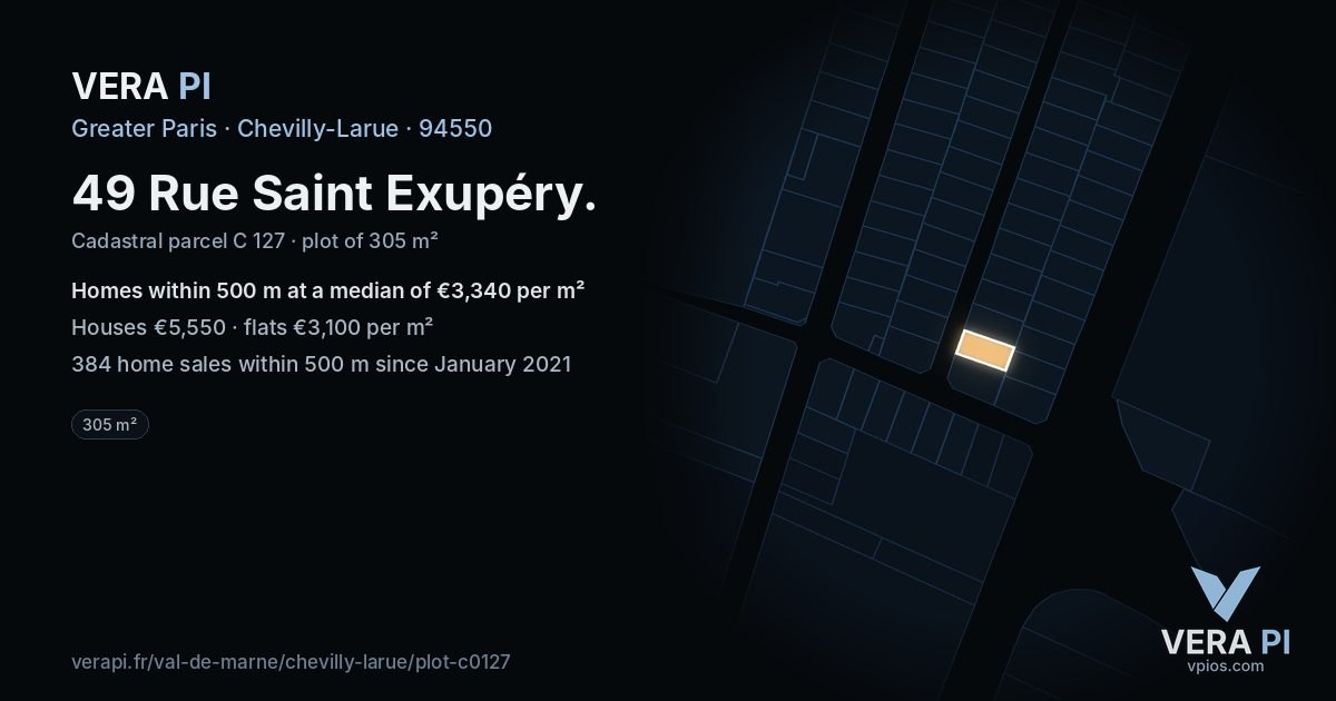 49 Rue Saint Exupéry, Chevilly-Larue at night – the plot lit, the parcels around coloured by the prices near them