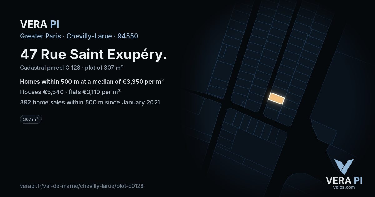 47 Rue Saint Exupéry, Chevilly-Larue at night – the plot lit, the parcels around coloured by the prices near them