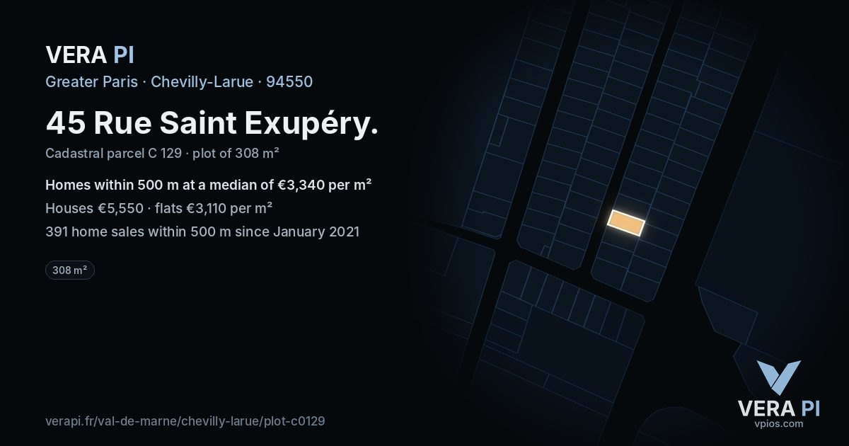 45 Rue Saint Exupéry, Chevilly-Larue at night – the plot lit, the parcels around coloured by the prices near them