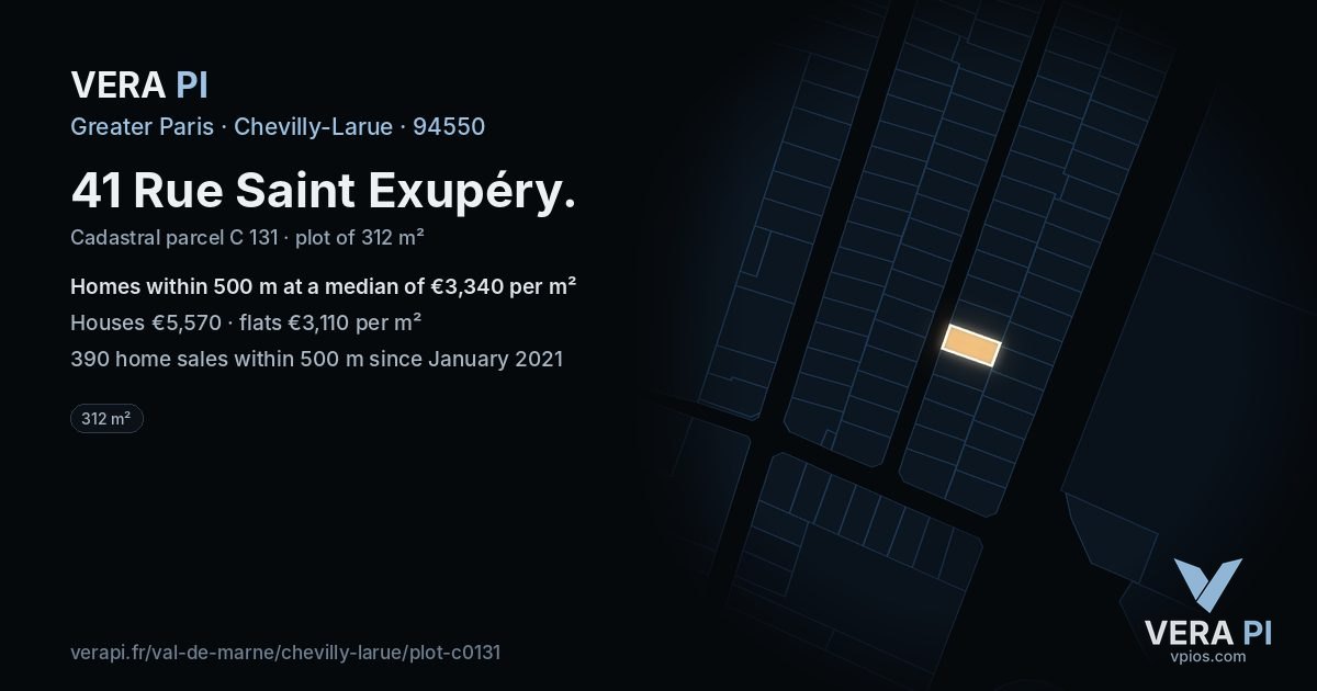 41 Rue Saint Exupéry, Chevilly-Larue at night – the plot lit, the parcels around coloured by the prices near them