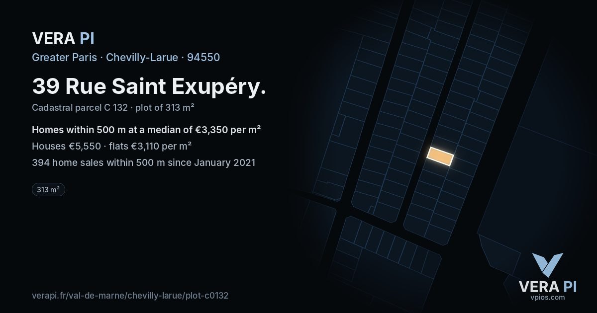 39 Rue Saint Exupéry, Chevilly-Larue at night – the plot lit, the parcels around coloured by the prices near them