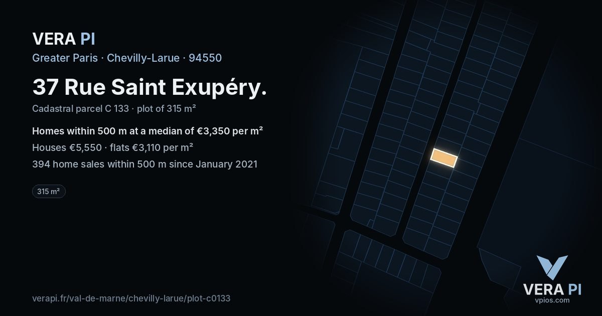 37 Rue Saint Exupéry, Chevilly-Larue at night – the plot lit, the parcels around coloured by the prices near them