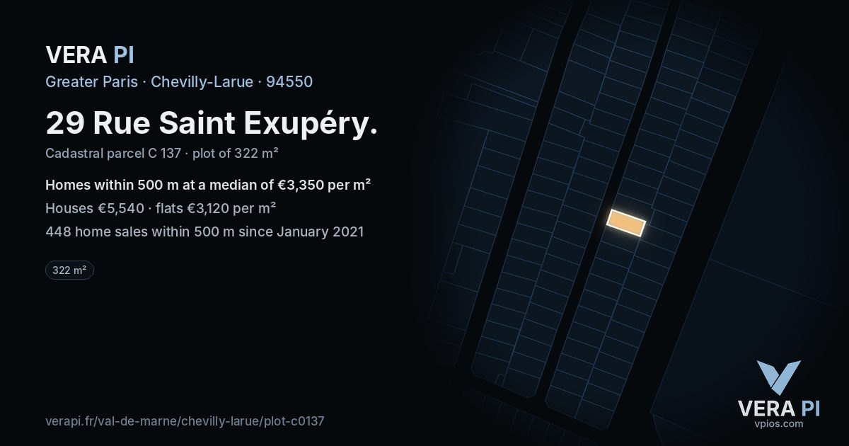 29 Rue Saint Exupéry, Chevilly-Larue at night – the plot lit, the parcels around coloured by the prices near them