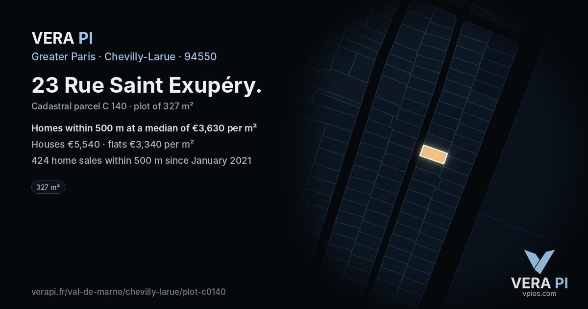 23 Rue Saint Exupéry, Chevilly-Larue at night – the plot lit, the parcels around coloured by the prices near them