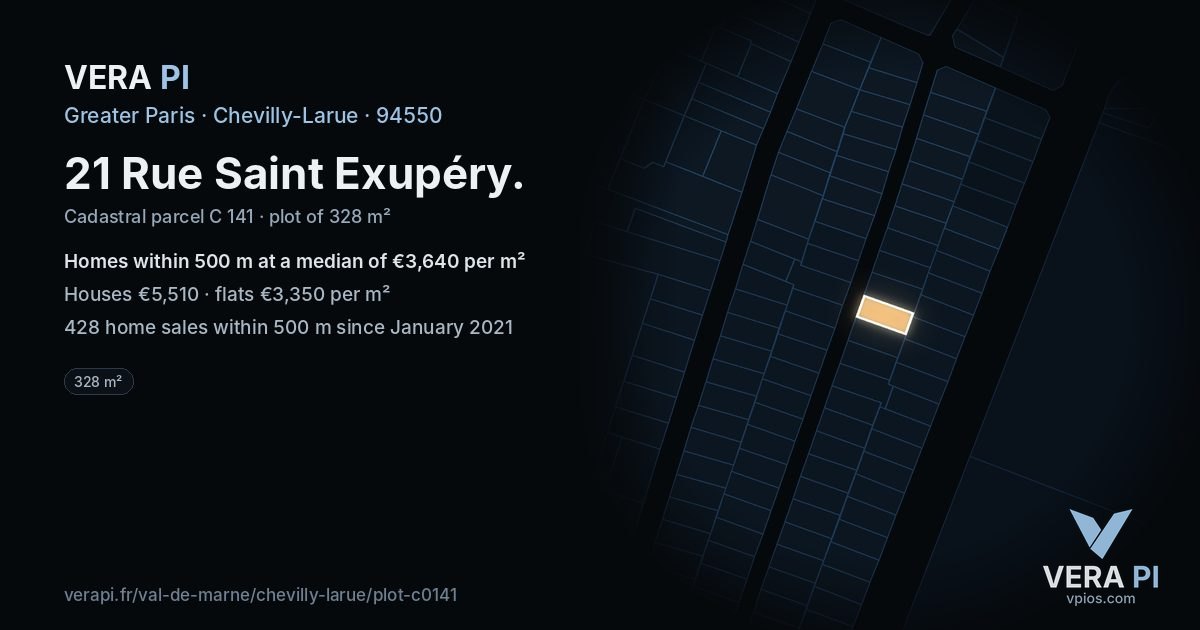 21 Rue Saint Exupéry, Chevilly-Larue at night – the plot lit, the parcels around coloured by the prices near them