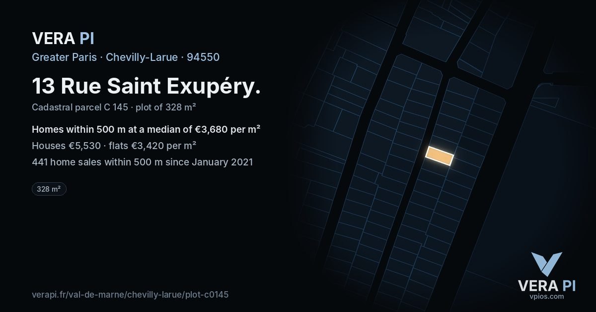 13 Rue Saint Exupéry, Chevilly-Larue at night – the plot lit, the parcels around coloured by the prices near them