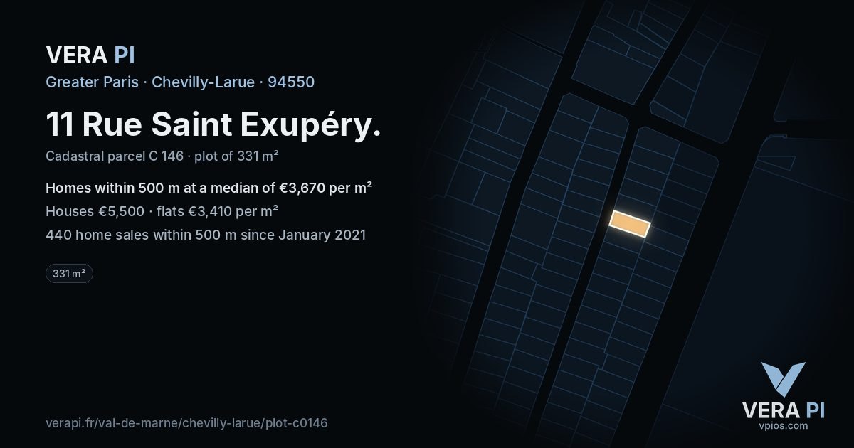 11 Rue Saint Exupéry, Chevilly-Larue at night – the plot lit, the parcels around coloured by the prices near them