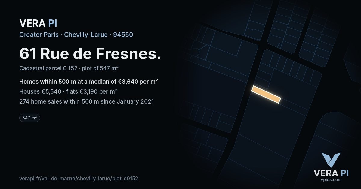 61 Rue de Fresnes, Chevilly-Larue at night – the plot lit, the parcels around coloured by the prices near them