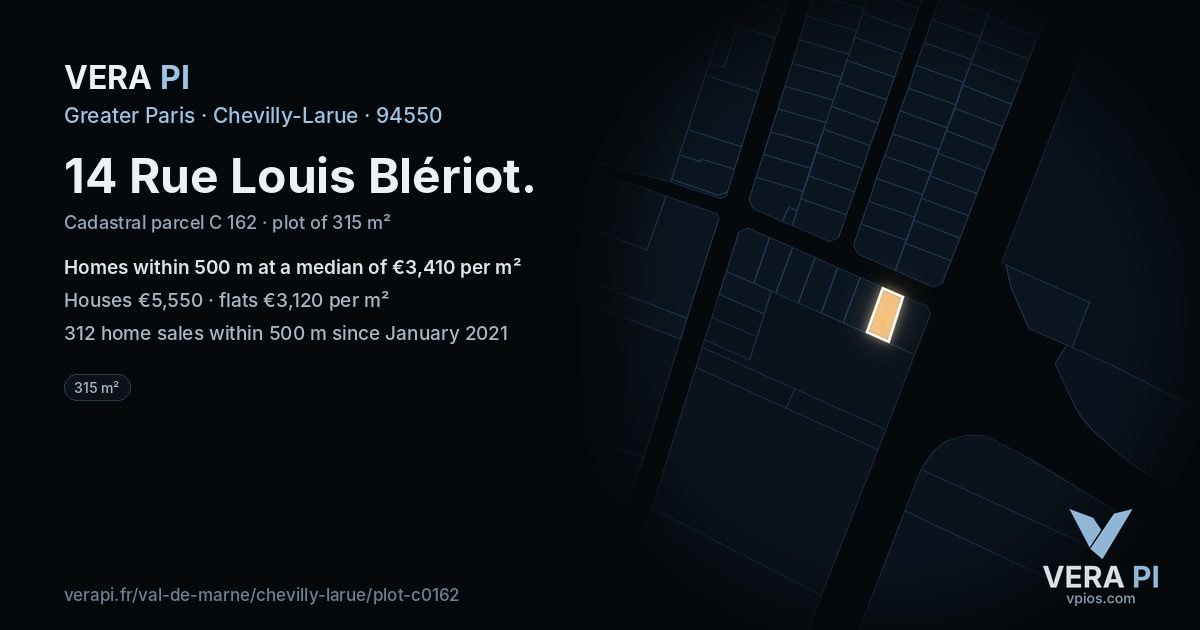 14 Rue Louis Blériot, Chevilly-Larue at night – the plot lit, the parcels around coloured by the prices near them