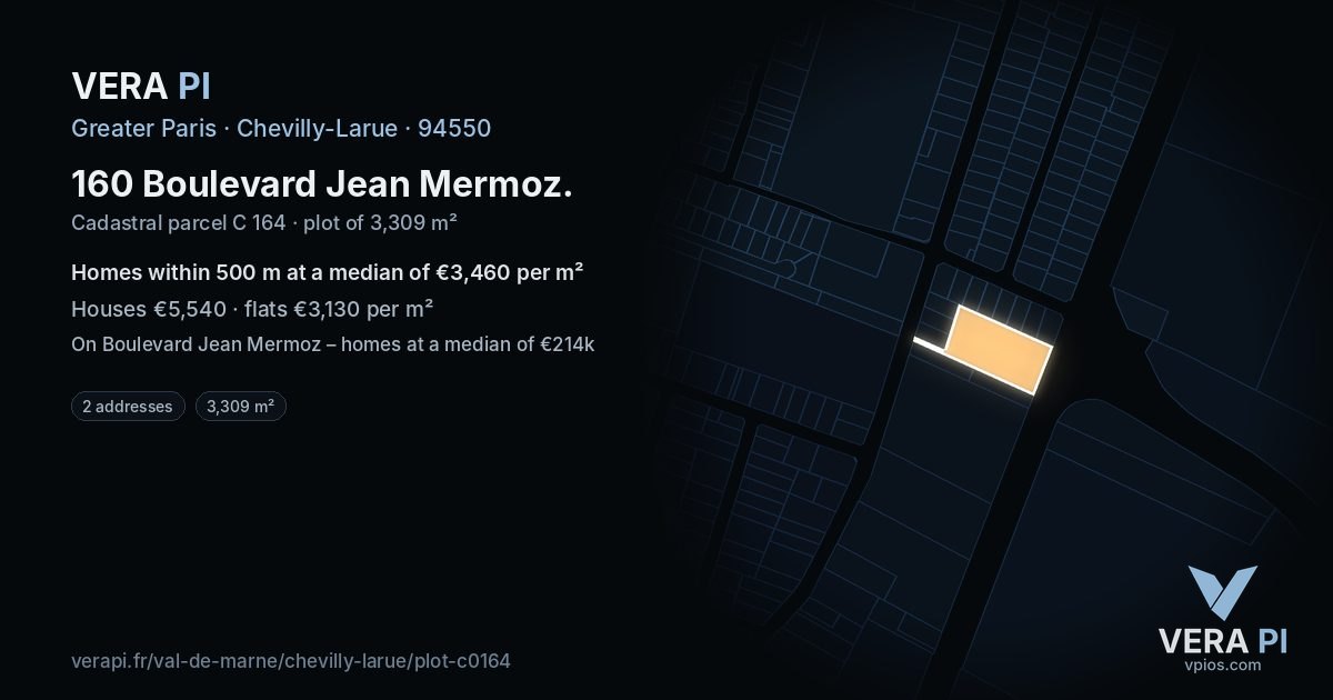 160 Boulevard Jean Mermoz, Chevilly-Larue at night – the plot lit, the parcels around coloured by the prices near them