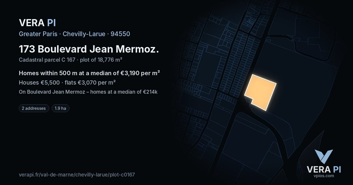 173 Boulevard Jean Mermoz, Chevilly-Larue at night – the plot lit, the parcels around coloured by the prices near them