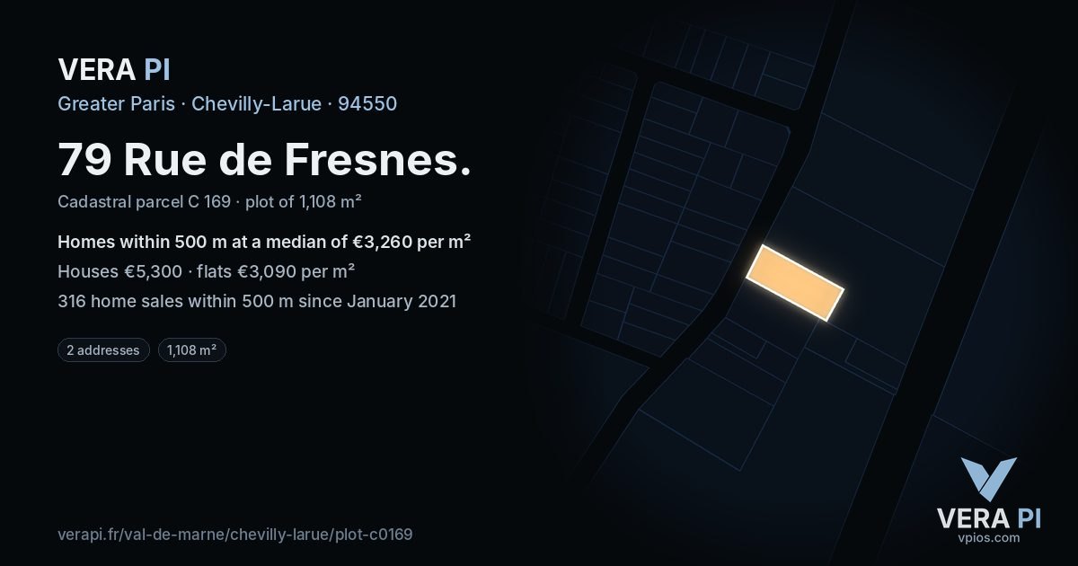 79 Rue de Fresnes, Chevilly-Larue at night – the plot lit, the parcels around coloured by the prices near them