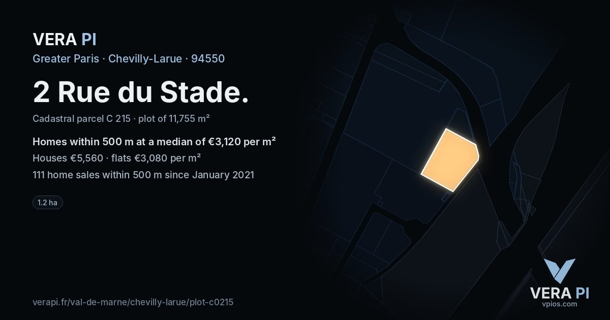 2 Rue du Stade, Chevilly-Larue at night – the plot lit, the parcels around coloured by the prices near them
