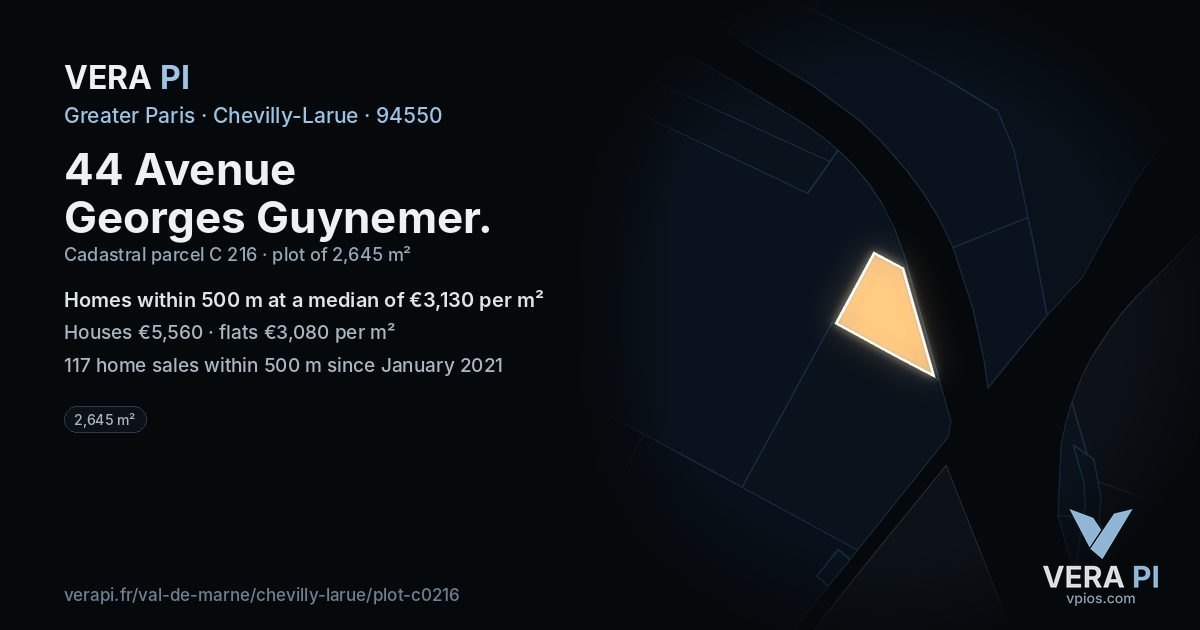 44 Avenue Georges Guynemer, Chevilly-Larue at night – the plot lit, the parcels around coloured by the prices near them