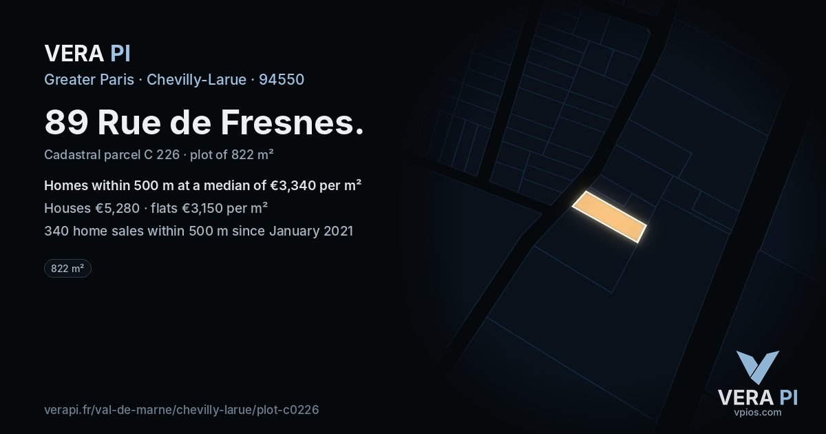 89 Rue de Fresnes, Chevilly-Larue at night – the plot lit, the parcels around coloured by the prices near them