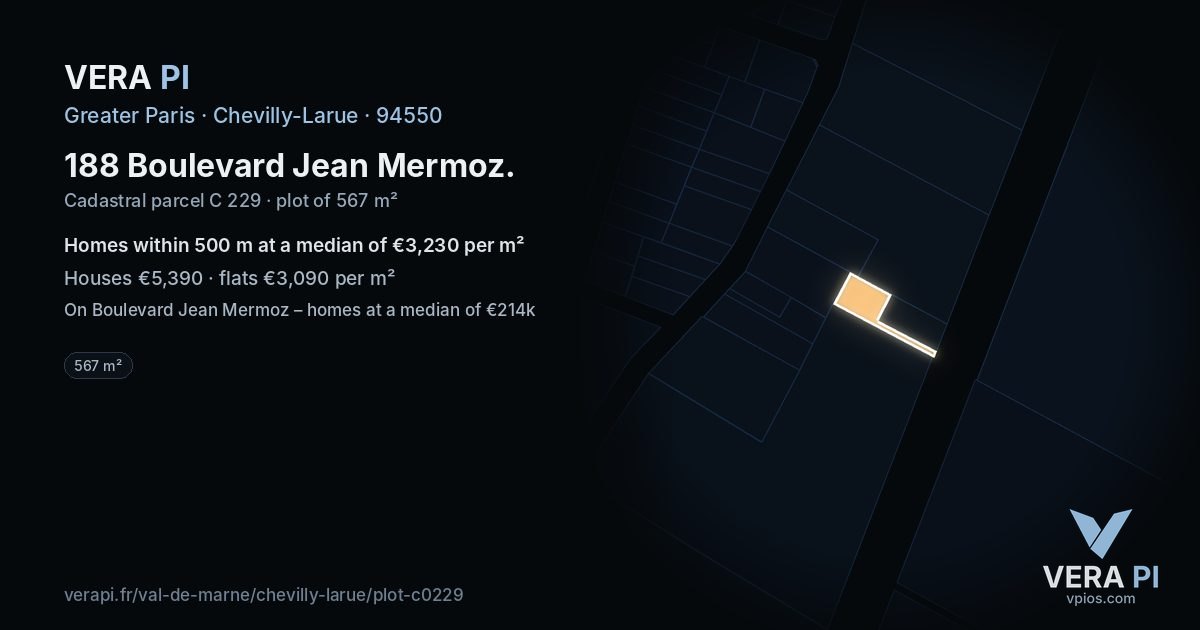 188 Boulevard Jean Mermoz, Chevilly-Larue at night – the plot lit, the parcels around coloured by the prices near them