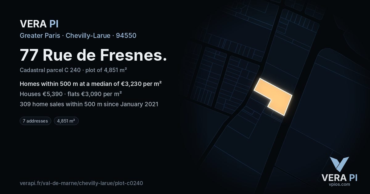 77 Rue de Fresnes, Chevilly-Larue at night – the plot lit, the parcels around coloured by the prices near them