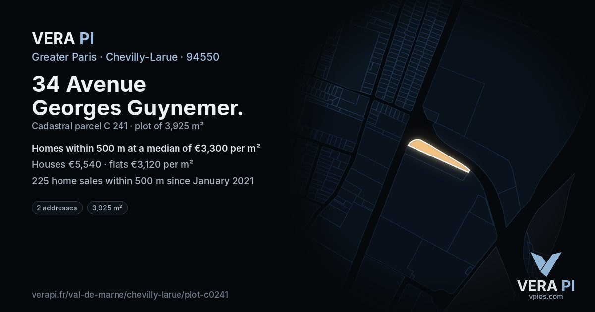 34 Avenue Georges Guynemer, Chevilly-Larue at night – the plot lit, the parcels around coloured by the prices near them