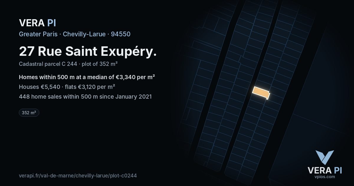 27 Rue Saint Exupéry, Chevilly-Larue at night – the plot lit, the parcels around coloured by the prices near them