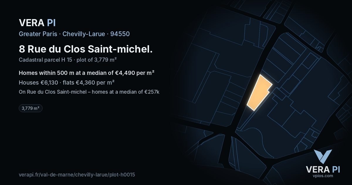 8 Rue du Clos Saint-michel, Chevilly-Larue at night – the plot lit, the parcels around coloured by the prices near them