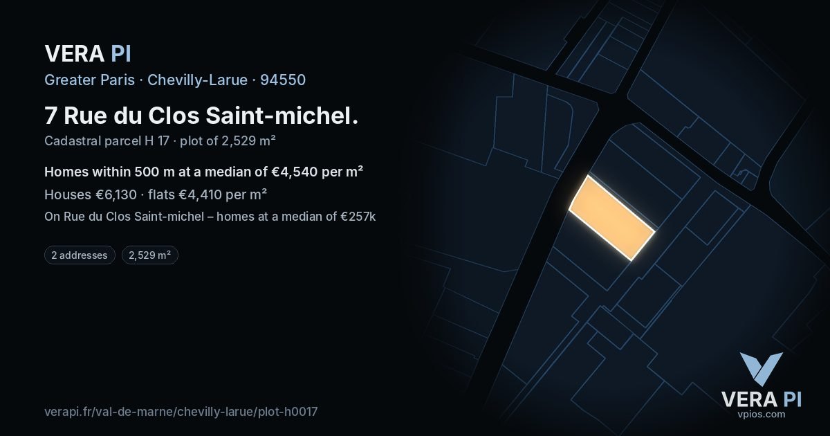 7 Rue du Clos Saint-michel, Chevilly-Larue at night – the plot lit, the parcels around coloured by the prices near them