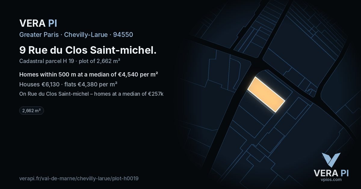 9 Rue du Clos Saint-michel, Chevilly-Larue at night – the plot lit, the parcels around coloured by the prices near them