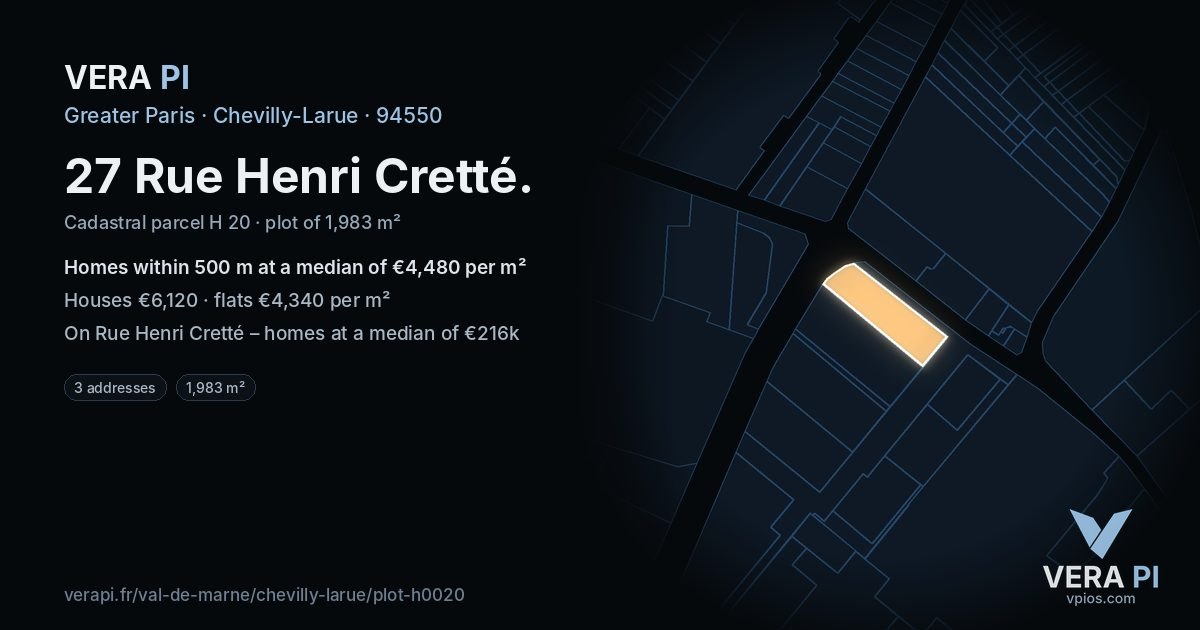 27 Rue Henri Cretté, Chevilly-Larue at night – the plot lit, the parcels around coloured by the prices near them