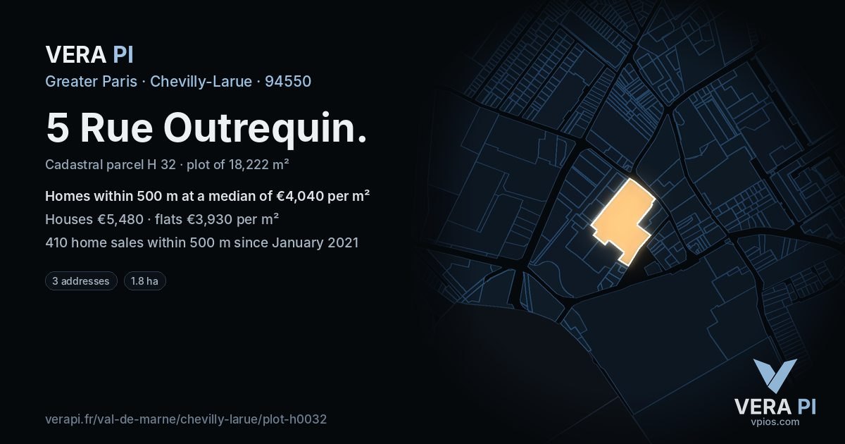 5 Rue Outrequin, Chevilly-Larue at night – the plot lit, the parcels around coloured by the prices near them