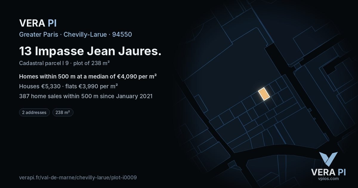 13 Impasse Jean Jaures, Chevilly-Larue at night – the plot lit, the parcels around coloured by the prices near them