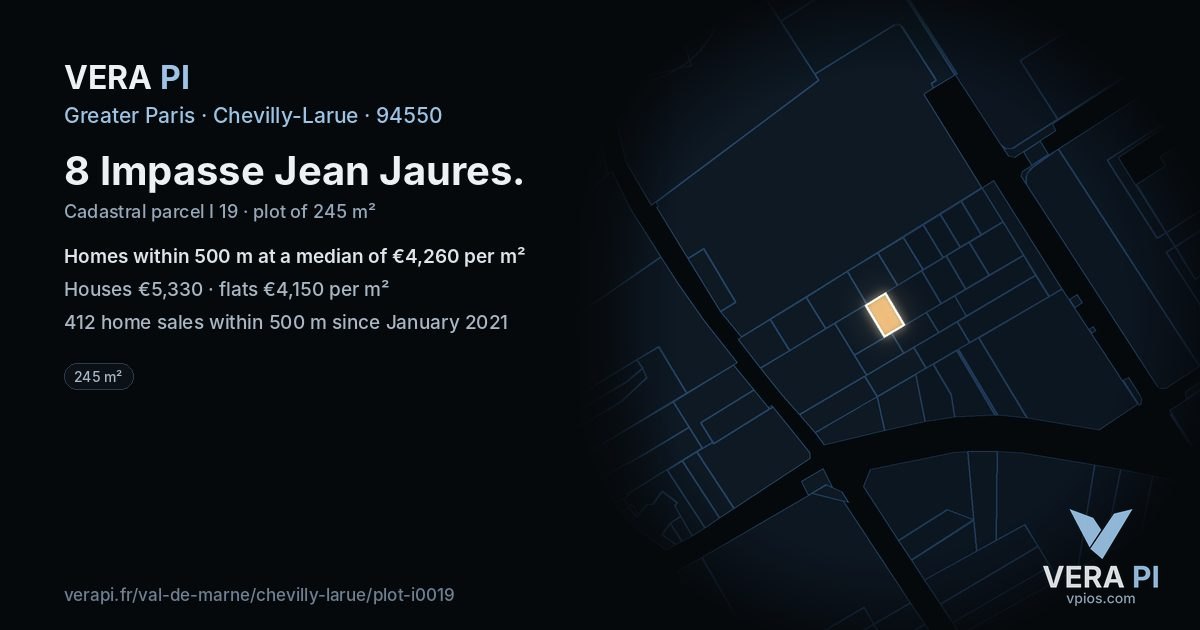 8 Impasse Jean Jaures, Chevilly-Larue at night – the plot lit, the parcels around coloured by the prices near them