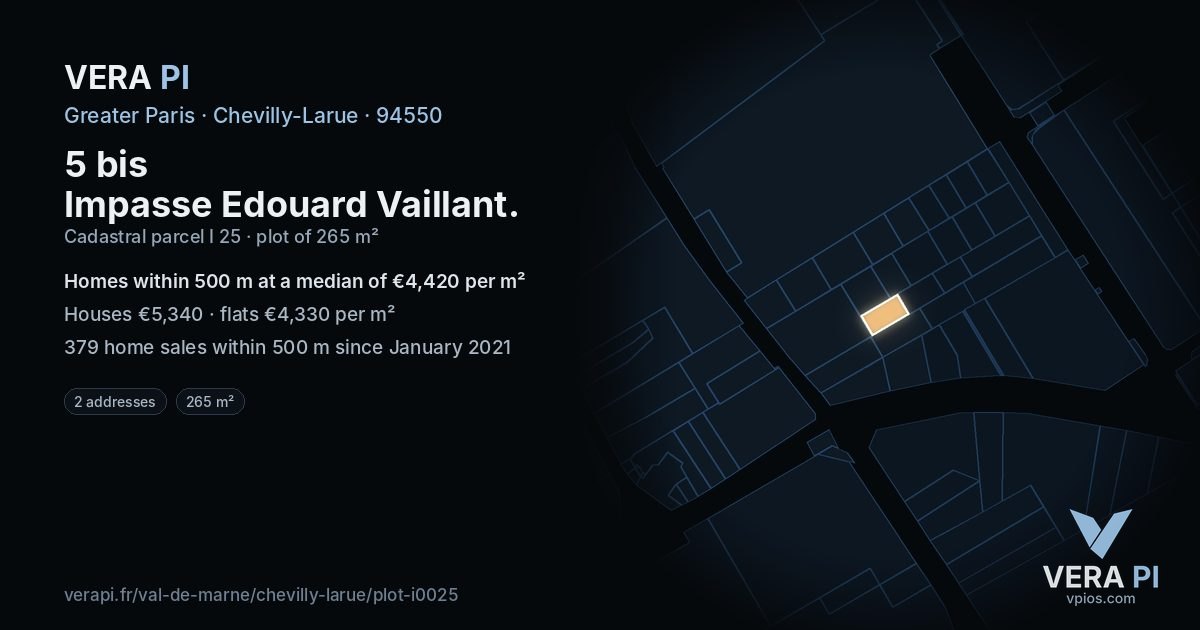 5 bis Impasse Edouard Vaillant, Chevilly-Larue at night – the plot lit, the parcels around coloured by the prices near them