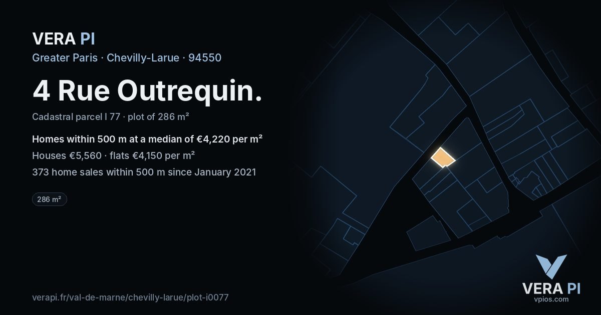 4 Rue Outrequin, Chevilly-Larue at night – the plot lit, the parcels around coloured by the prices near them