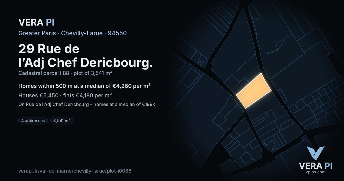 29 Rue de l’Adj Chef Dericbourg, Chevilly-Larue at night – the plot lit, the parcels around coloured by the prices near them