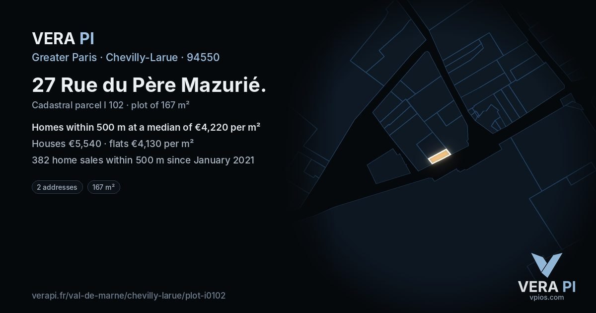 27 Rue du Père Mazurié, Chevilly-Larue at night – the plot lit, the parcels around coloured by the prices near them