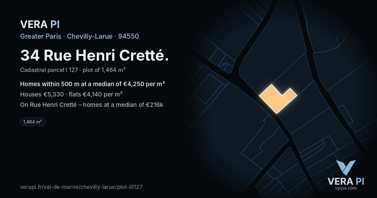 34 Rue Henri Cretté, Chevilly-Larue at night – the plot lit, the parcels around coloured by the prices near them