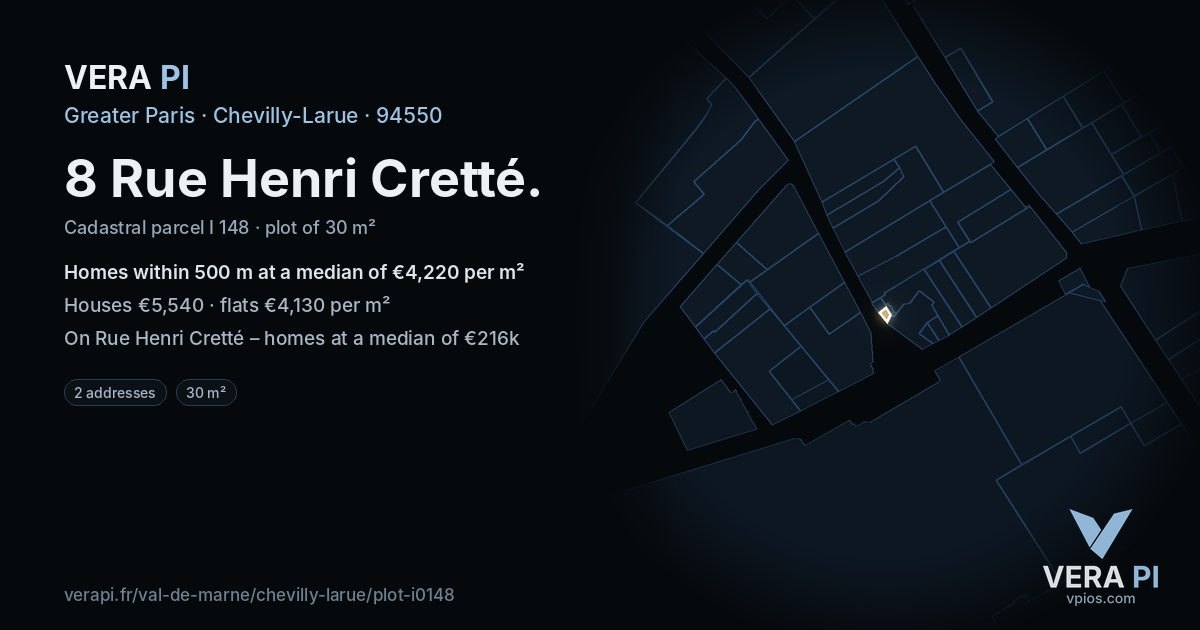 8 Rue Henri Cretté, Chevilly-Larue at night – the plot lit, the parcels around coloured by the prices near them