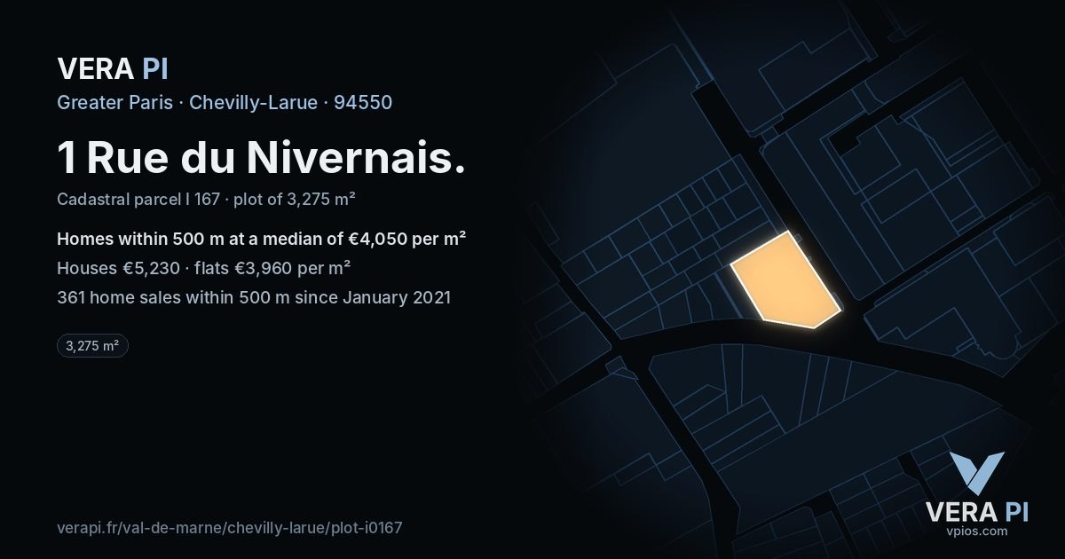 1 Rue du Nivernais, Chevilly-Larue at night – the plot lit, the parcels around coloured by the prices near them