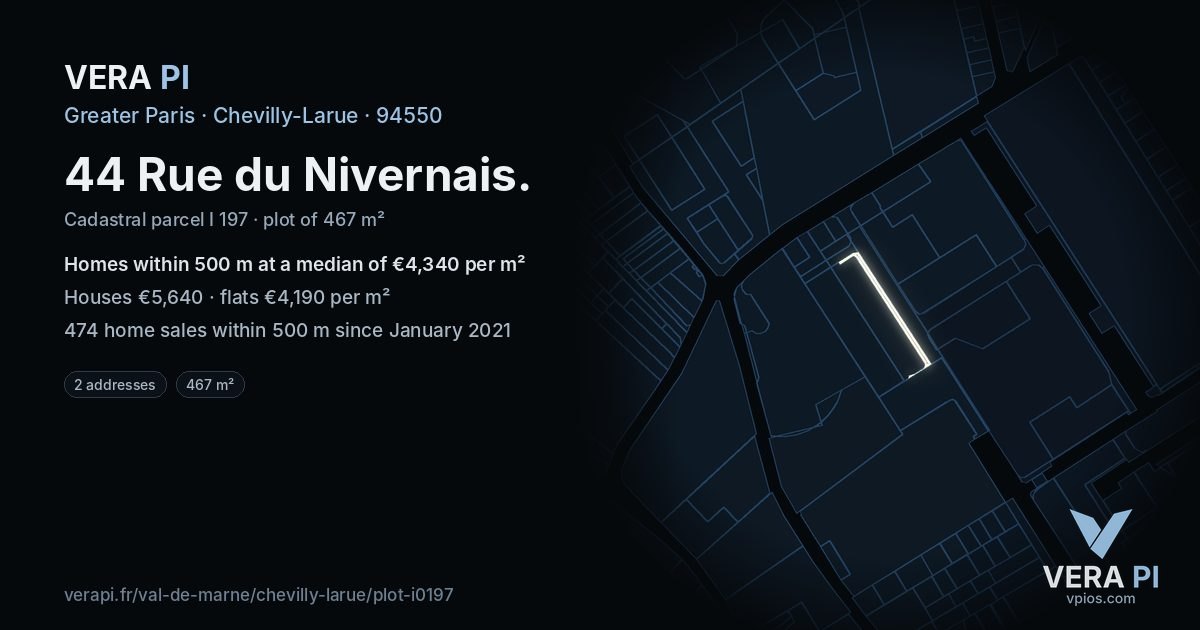 44 Rue du Nivernais, Chevilly-Larue at night – the plot lit, the parcels around coloured by the prices near them