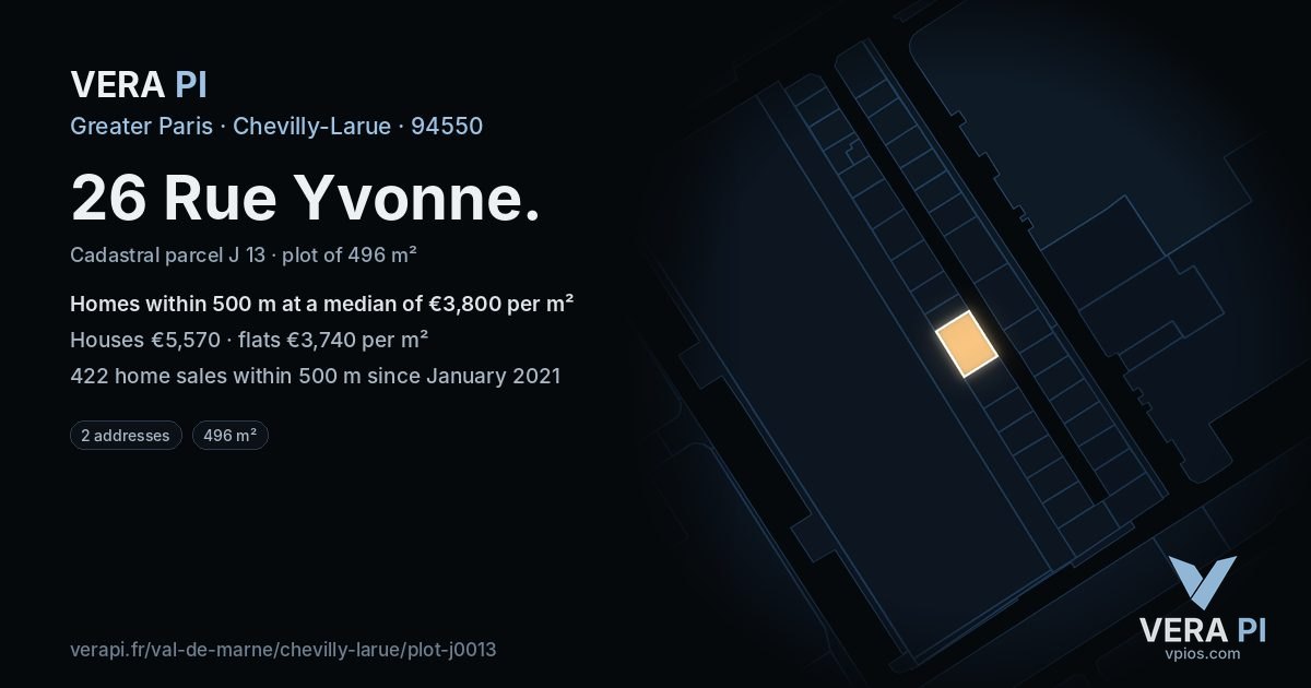 26 Rue Yvonne, Chevilly-Larue at night – the plot lit, the parcels around coloured by the prices near them
