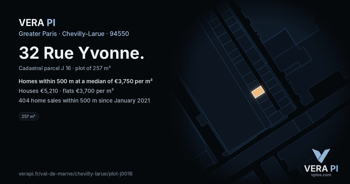 32 Rue Yvonne, Chevilly-Larue at night – the plot lit, the parcels around coloured by the prices near them
